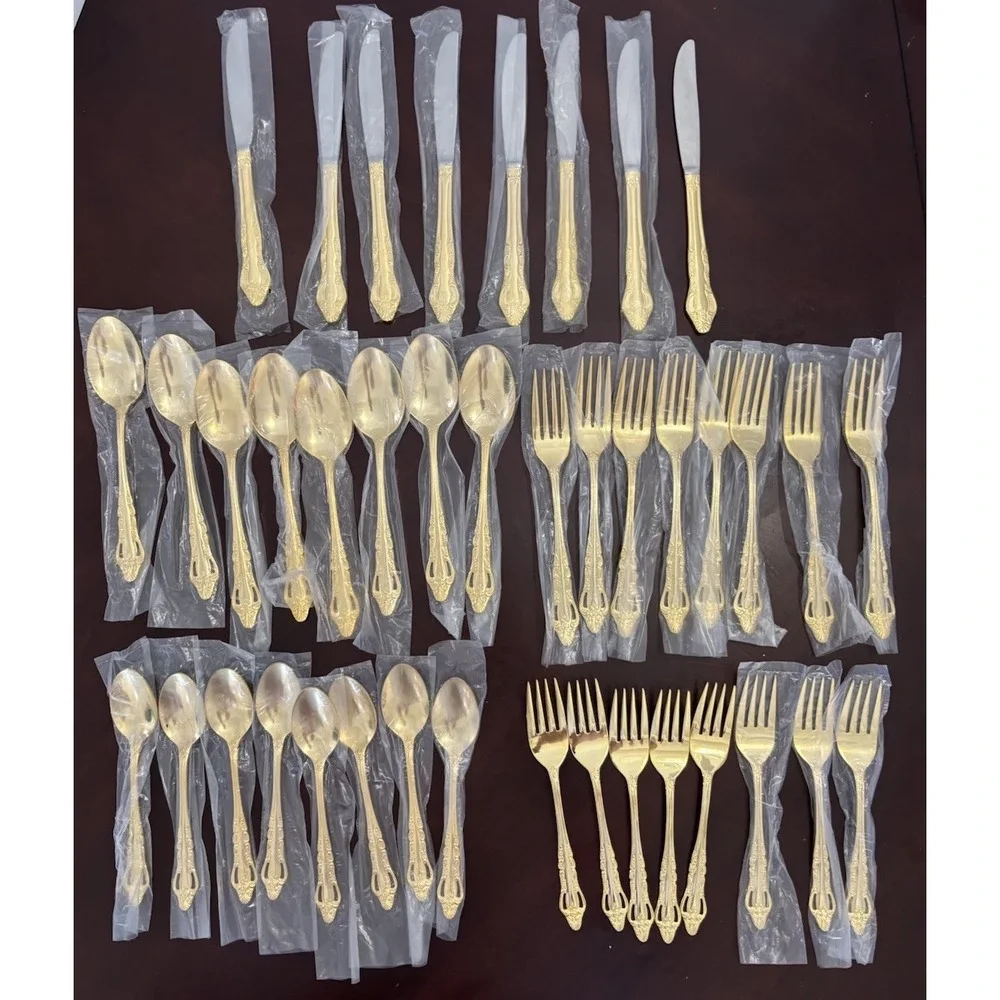 Gold Tone Flatware Set Service for 8 Stainless Korea Vintage Silverware 40 Pc
